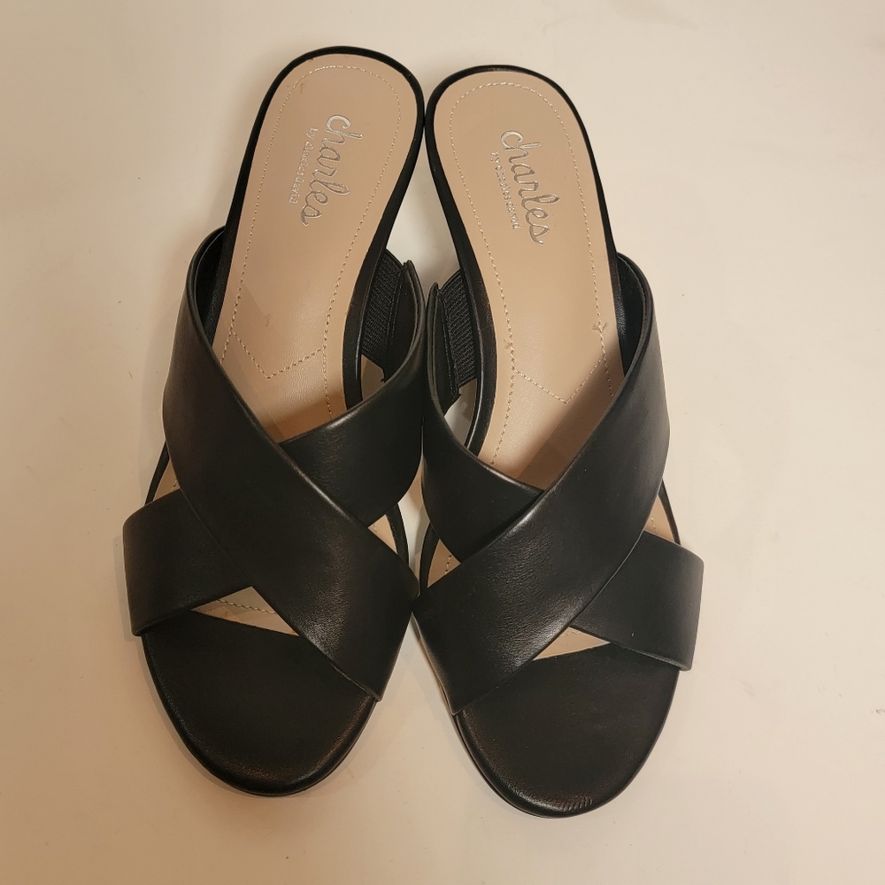 Charles David | Cork Wedge Black leather Cris Cross open toe Slip-on shoes 7.5 - Picture 8 of 12